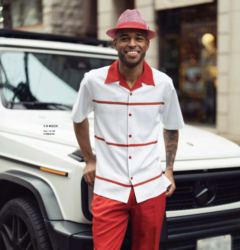montique's short-sleeve walking suit consisting of a white and red shirt and red pants.
