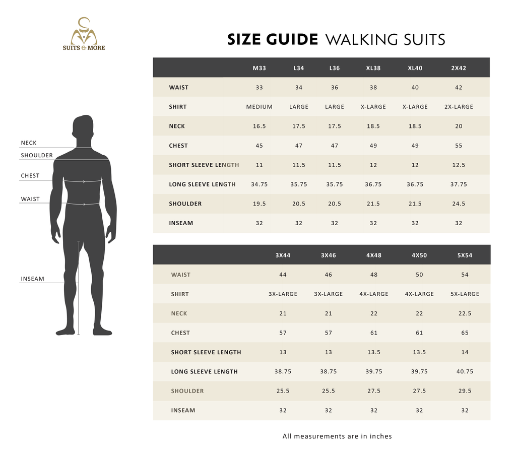 Men's walking suits size chart