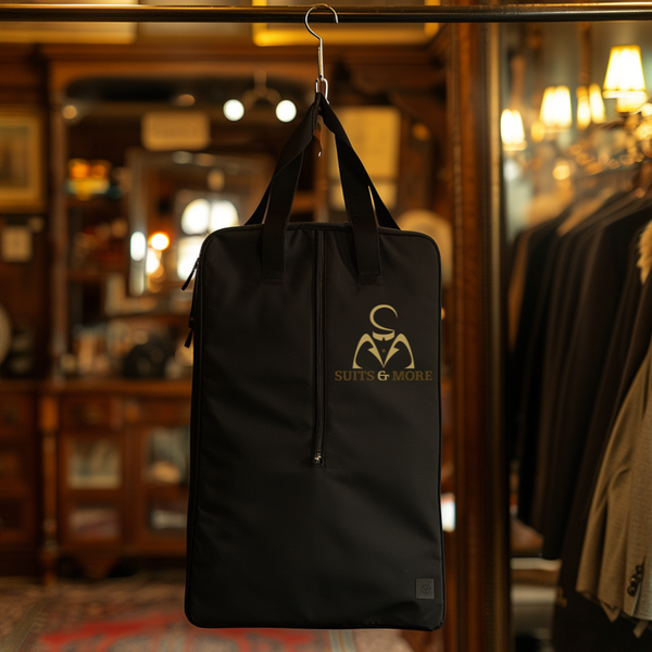 a hanged garment bag with the suits & more logo.