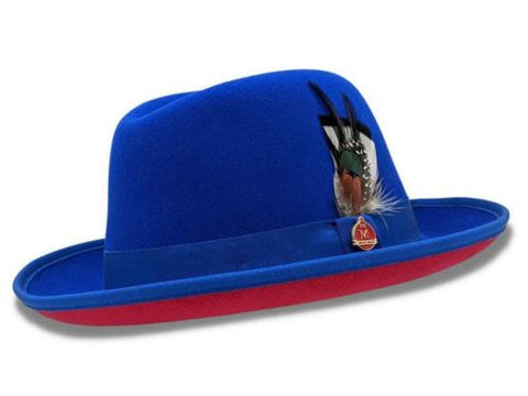 men's blue fedora with red bottom and a feather