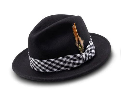 black fedora with patterned band and brown feather