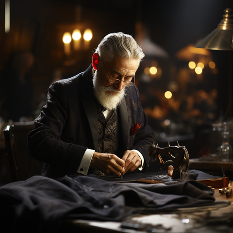 An older man with white hair and glasses sews suit with a sewing machine. He is wearing a dark outfit and is focused on his work. The room is warmly lit and filled with sewing materials.