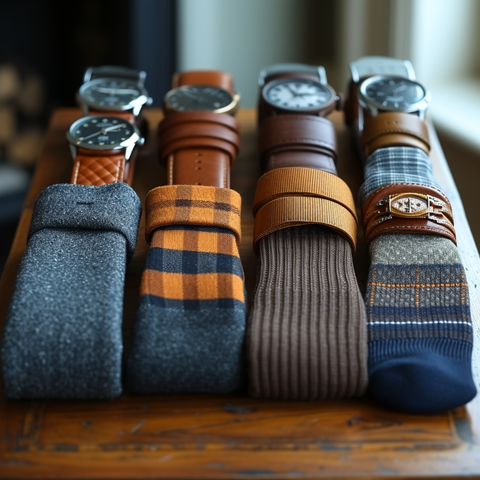 a variety of watches, belts and socks on a table.