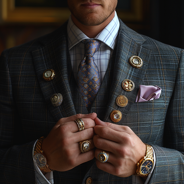 A man dressed in a plaid suit jacket adorned with multiple decorative brooches and pins. He wears a patterned tie and a lavender pocket square. His hands are visible, showing multiple rings and an elegant watch.