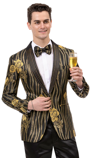 a man wearing a gold and black patterned blazer.