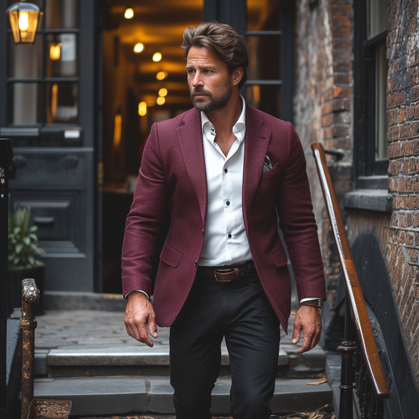 A man with styled hair and a beard walks down steps outside a building. He is wearing a burgundy blazer over a white shirt, paired with dark pants and a brown belt. The background shows a warmly lit interior and brick walls.