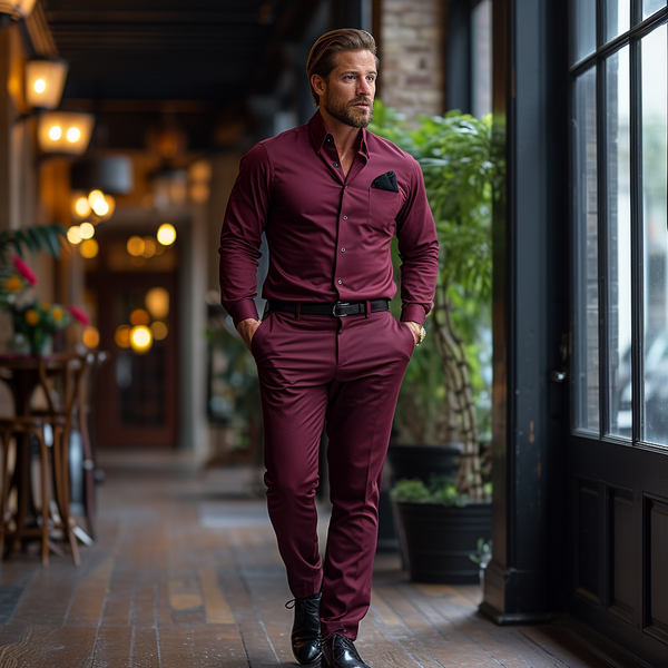 a man wearing a burgundy walking suit
