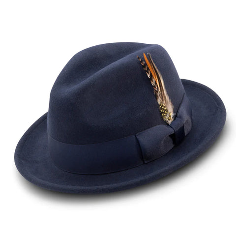 blue fedora with brown feather