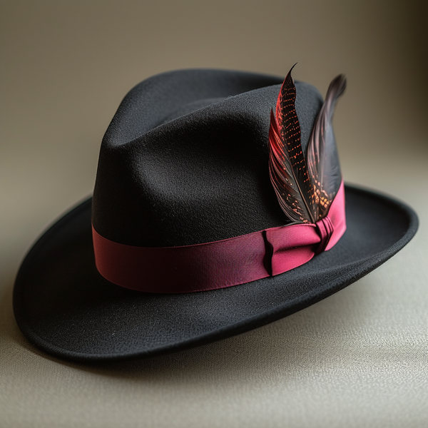 a black felt hat with a burgundy band and a burgundy and black feather.