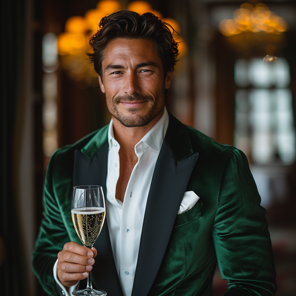 A man with a beard and styled hair smiles while holding a glass of champagne. He is wearing a dark green velvet jacket over a white shirt. The background is elegantly lit with chandeliers.