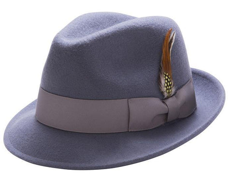 grey tridly hat with feather