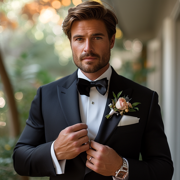 A man with styled hair and a beard is dressed in a black tuxedo with a bow tie. He adjusts his jacket while looking confidently at the camera. He has a boutonniere on his lapel and wears a watch. The background is softly lit with greenery visible.