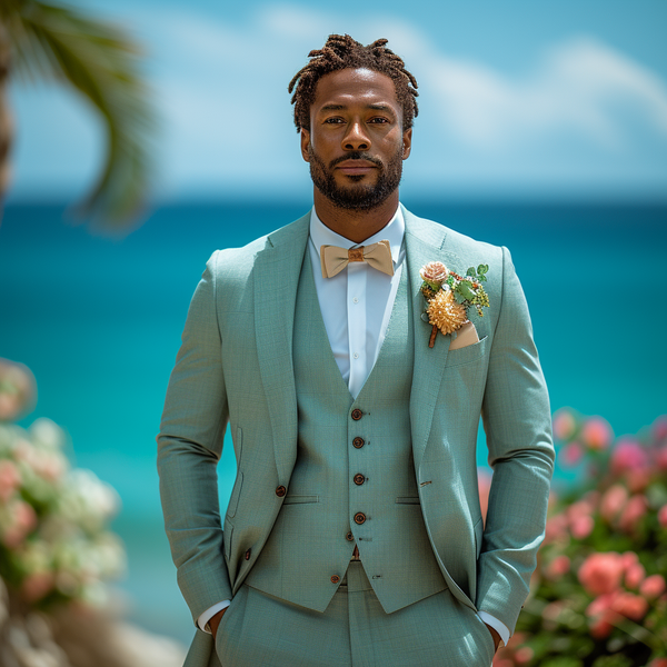 A man stands in front of a scenic beach backdrop. He is wearing a light green suit with a matching vest and a beige bow tie. He has a boutonniere on his lapel and his hands in his pockets. The background features the ocean, a palm tree, and colorful flowers.