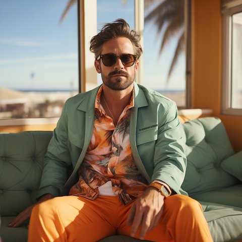 A man sits comfortably on a green sofa in a brightly lit room with palm trees visible through the window behind him. He wears sunglasses and a relaxed casual look with a colorful tropical print walking suit shirt, a light green blazer, and orange pants. His posture is relaxed, and he appears thoughtful