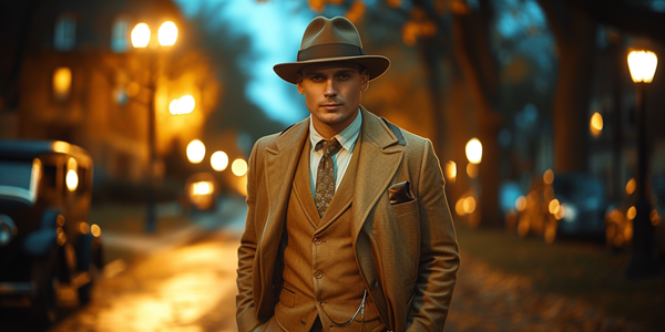 A man dressed in 1920s attire stands on a dimly lit street at night. He wears a fedora, a three-piece suit, and a tie. The street is lined with vintage cars and glowing street lamps, creating a nostalgic atmosphere.