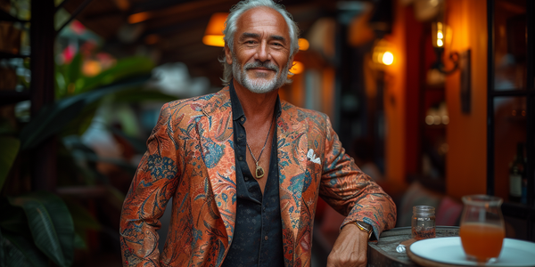 n older man with a white beard and hair stands in an outdoor setting. He is wearing a bright, patterned orange blazer over a black shirt. He smiles confidently and rests one hand on a wooden table with a drink on it. The background is warmly lit with plants and decorative lights.