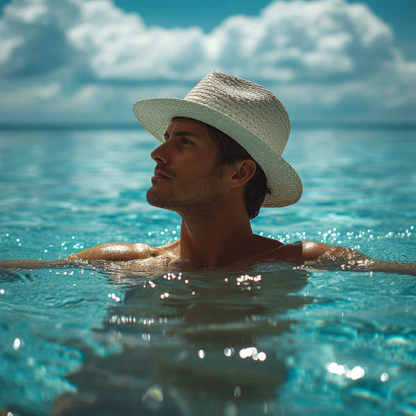A man wearing a white hat is relaxing in clear blue water. He looks content and is gazing into the distance. The background shows a bright sky with fluffy clouds.