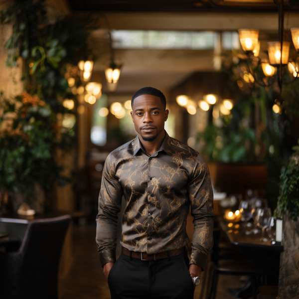A man wearing a walking suit consisting of a shiny dark brown shirt with a gold pattern and dark pants stands in a fancy restaurant with lots of lights and plants.