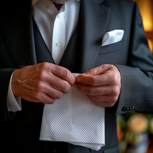 a man self cleaning his suit with a cloth.