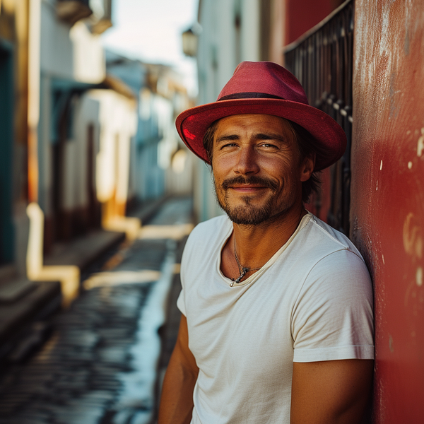 A smiling man wearing a white t-shirt and a red hat leans against a red wall on a narrow, sunlit street with colorful buildings.