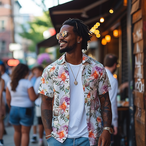 Stylish young man wearing a floral short-sleeve dress shirt and sunglasses, smiling while standing on a bustling city street with ambient lights in the background.