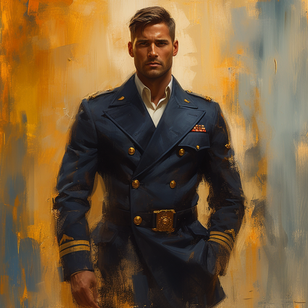 a painting of a marine wearing a double-breasted navy blazer.