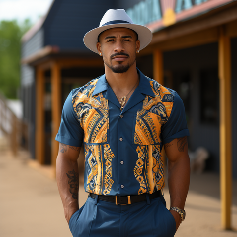 A man stands confidently outdoors wearing a walking suit. He has on a short-sleeved shirt with a bold navy and yellow pattern, tucked into matching blue trousers secured with a tan belt. He completes his look with a white fedora hat. The background includes a sandy area and a building with colorful details.