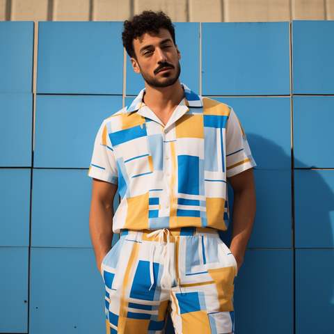 A man with curly hair and a neatly trimmed mustache stands against a blue tiled wall. He is dressed in a vibrant walking suit consisting of a short-sleeved shirt and matching shorts with bold yellow, white, and blue stripes. He looks relaxed, with his hands casually tucked into his pockets.