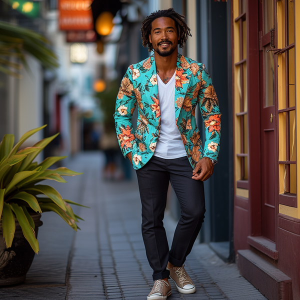 A man walks confidently down a narrow street. He is wearing a brightly colored floral blazer over a white T-shirt, black pants, and beige sneakers. He has a relaxed smile and his hair is styled in locs.