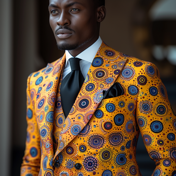 A man is wearing a vibrant orange suit with intricate circular patterns in blue, yellow, and black. He pairs it with a white shirt, a black tie, and a black pocket square. His expression is serious and focused.