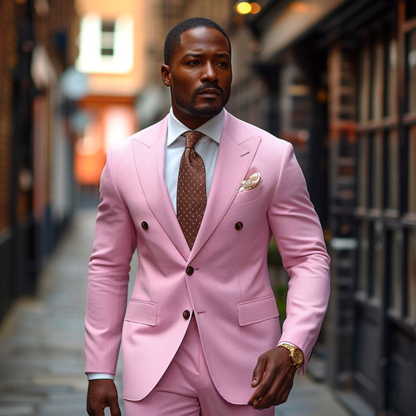 a man wearing a pink suit with white dress shirt and brown tie.