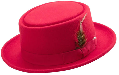 red pork pie hat with brown feather