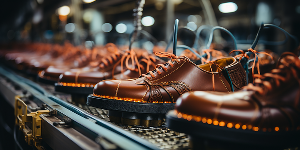 A row of brown leather shoes is displayed on a conveyor belt in a factory. The shoes are detailed with orange stitching and laces. The background shows the busy, blurred environment of the manufacturing process.