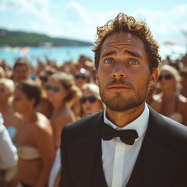 a man wearing a suit in a beach party.