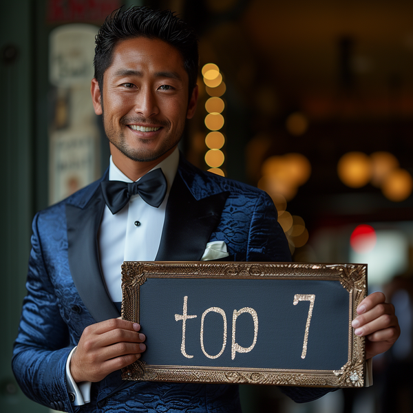 A man wearing a blue patterned tuxedo and a bow tie smiles while holding a framed sign that reads 'top 7.' The background is softly lit with bokeh lights, giving a warm, festive atmosphere.