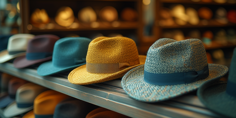 a variety of  summer fedoras on a row.