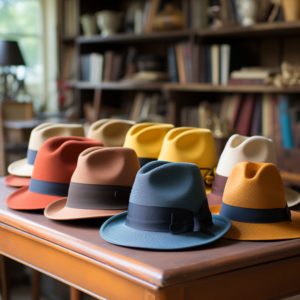 summer fedoras displayed on a table.