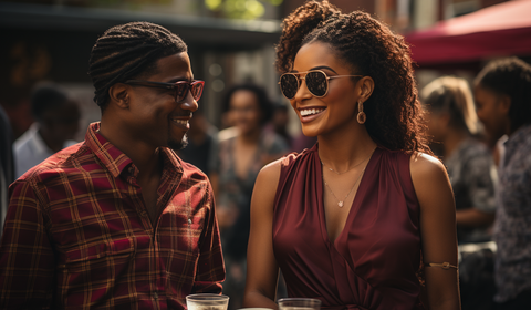 A man and woman smile at each other while standing outside. The man is wearing glasses and a plaid walking suit shirt. The woman has curly hair, sunglasses, and a sleeveless maroon dress. They are holding drinks and look happy.