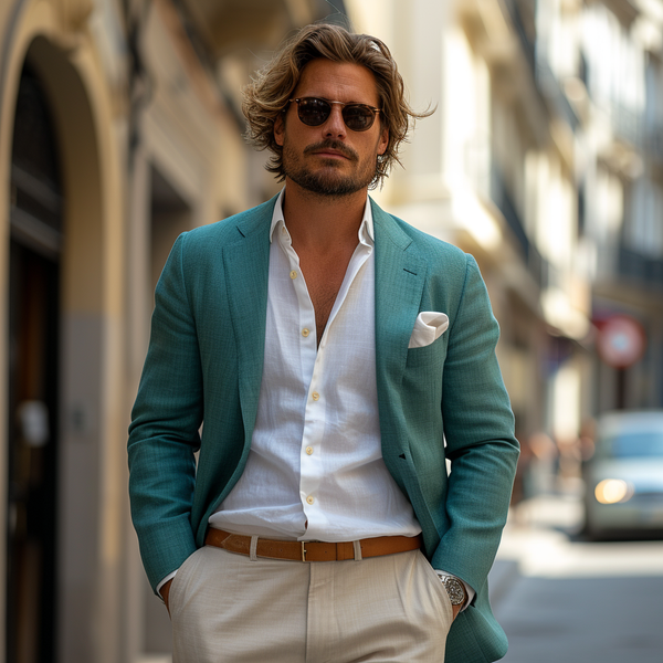 a man wearing a green blazer with white dress shirt and beige pants.