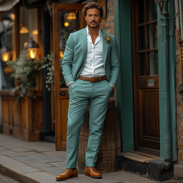 Elegant man in a teal suit and tan shoes posing confidently by a wooden door, in an urban setting with vintage street lamps and flower decorations.