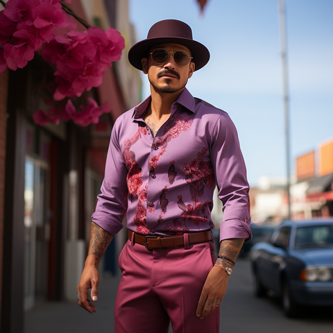 A man walks confidently down a city street, dressed in a stylish, fitted walking suit. He wears a long-sleeved, lilac shirt with intricate red embroidery down the front, paired with rose-colored trousers and a matching belt. He accessorizes with a wide-brimmed burgundy hat and sunglasses.
