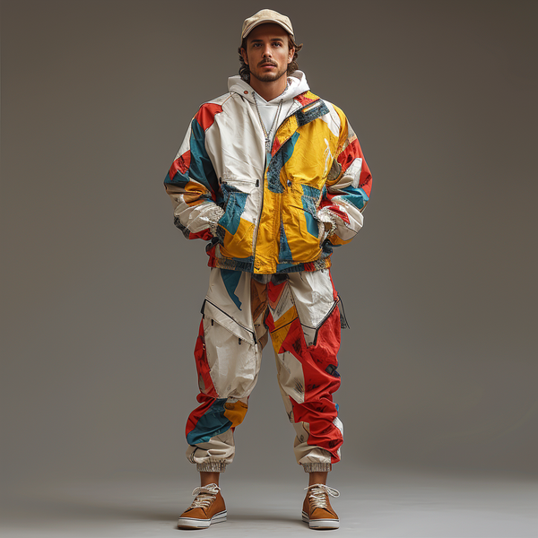 A man stands against a plain background wearing a colorful, patchwork-style jacket and pants. The outfit features red, yellow, blue, and white sections. He also wears a beige cap, a white hoodie, brown sneakers and silver necklace.
