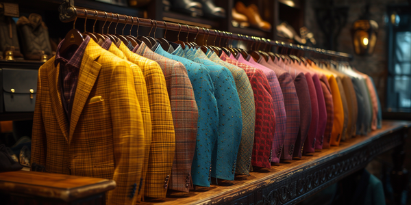 A row of colorful blazers is displayed on a clothing rack in a stylish store. The blazers come in various patterns and colors, including yellow, blue, red, pink, and orange. The store interior is warmly lit, creating a cozy atmosphere."