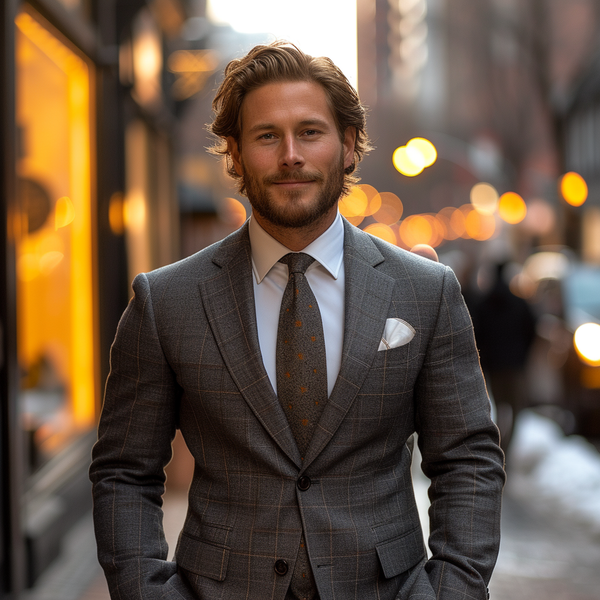 A man with a beard and wavy hair stands on a city street. He is wearing a grey suit with a white shirt, a patterned tie, and a pocket square. The background is softly lit with bokeh lights from street lamps and shop windows.