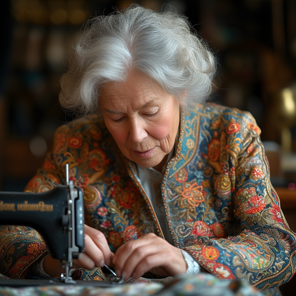 an old women repairing a blazer