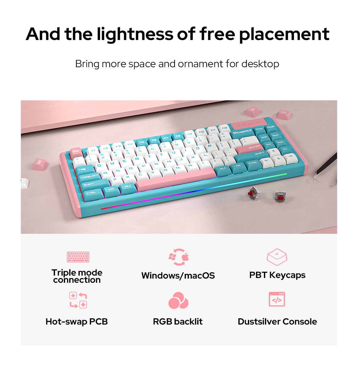 Dustsilver Blue Pink Milkshake 75 Percent Kawaii Wireless HOT SWAPPING Mechanical Keyboard