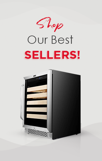 "shop our best sellers" text with an image of a wine cooler