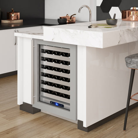 A stainless-steel single zone wine cooler set in an undercounter kitchen cabinetry