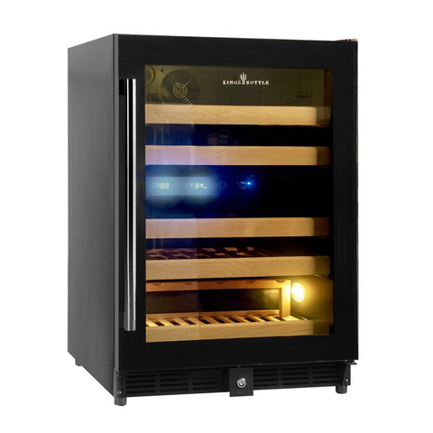 A borderless black glass door right hand hinge dual zone wine cooler with hardwood shelves and blue LED lighting system