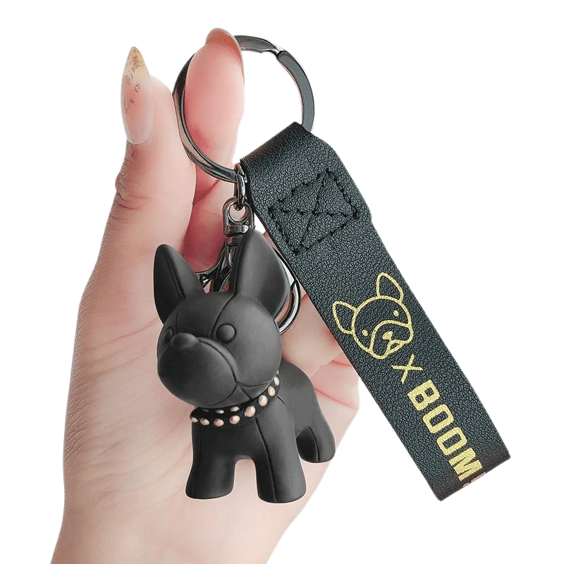 Frenchie Dog Keychain, Enamel Keyring, Pink Crown Dog with Fishnet